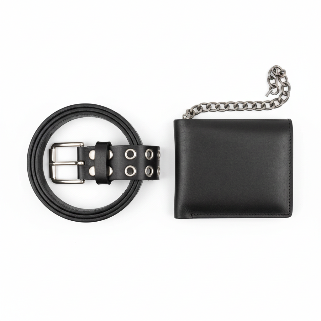 Plain unbranded black heavy-duty leather motorcycle riding belt and matching chain wallet, overhead flat lay on white background