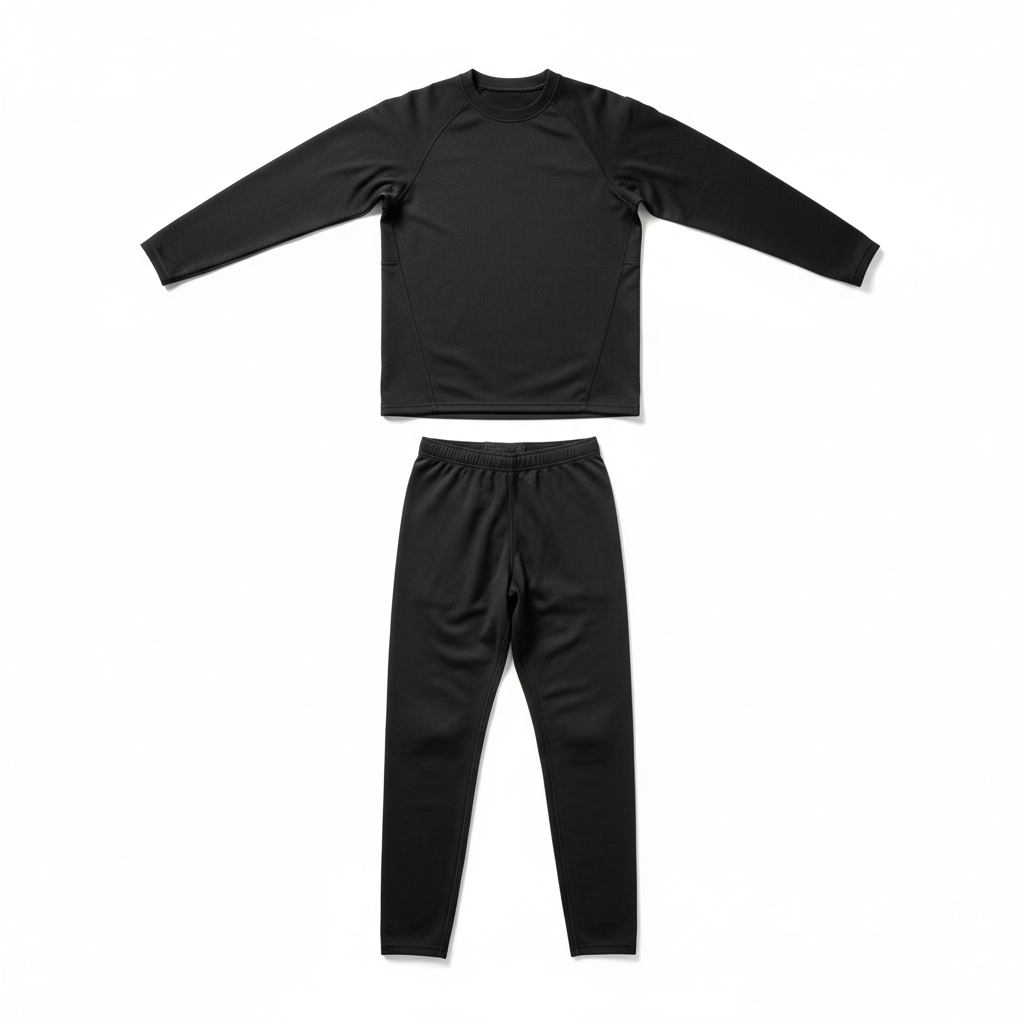 Plain unbranded black thermal cooling motorcycle base-layer set, front view on white background