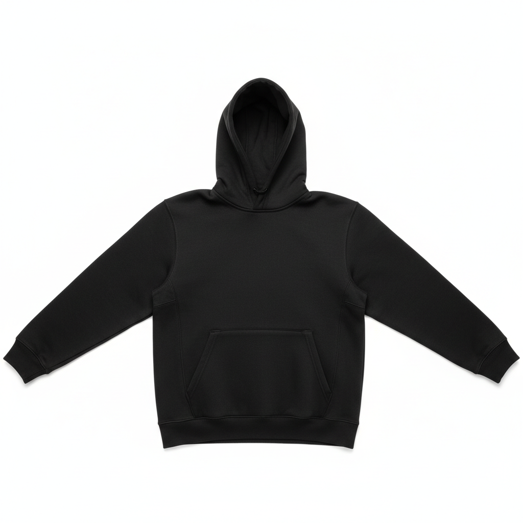 Plain unbranded black Kevlar aramid-lined motorcycle hoodie, overhead flat lay on white background