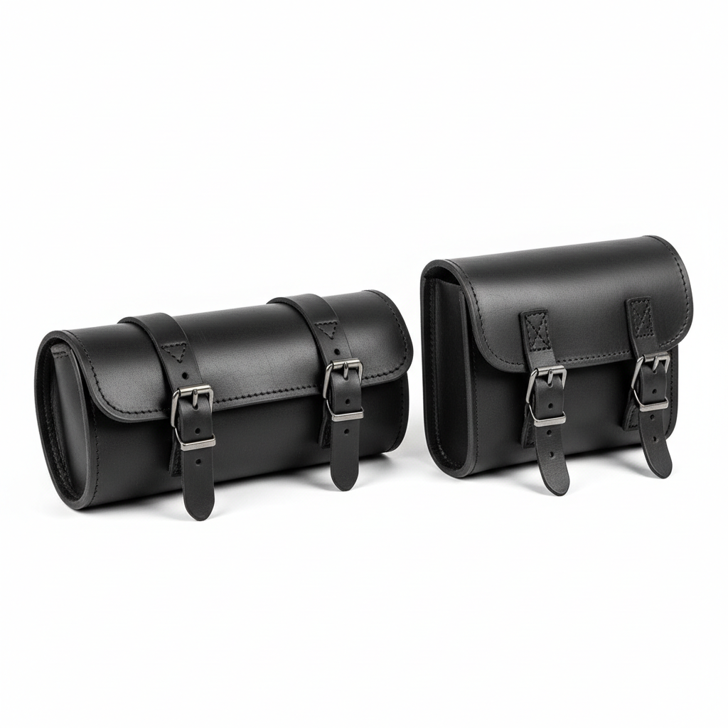 Plain unbranded black leather motorcycle tool rolls and fork bags, front view on white background