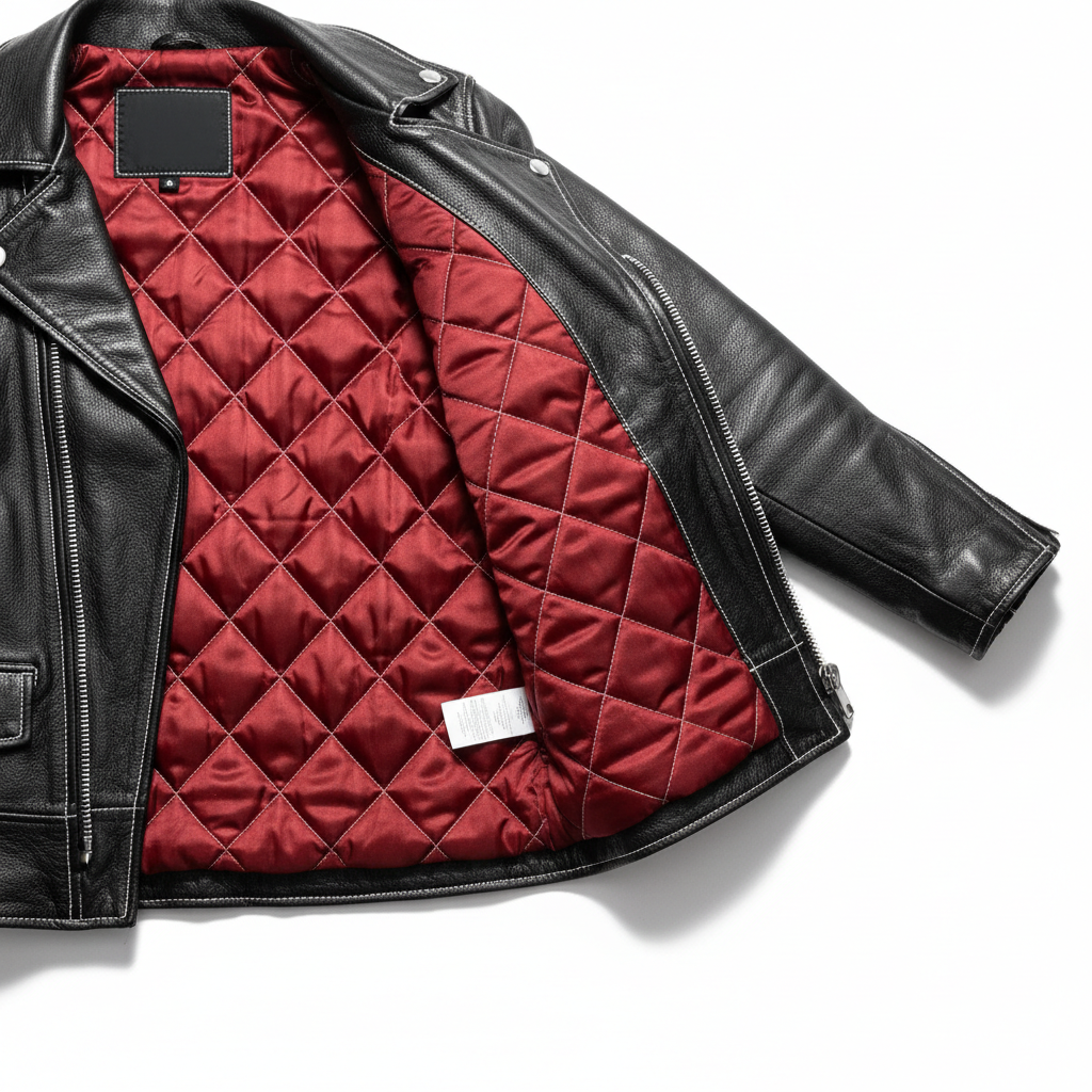 Hand-painted black leather motorcycle jacket with full custom masterpiece artwork, interior detail shot showing quilted lining, stitching quality, and construction details