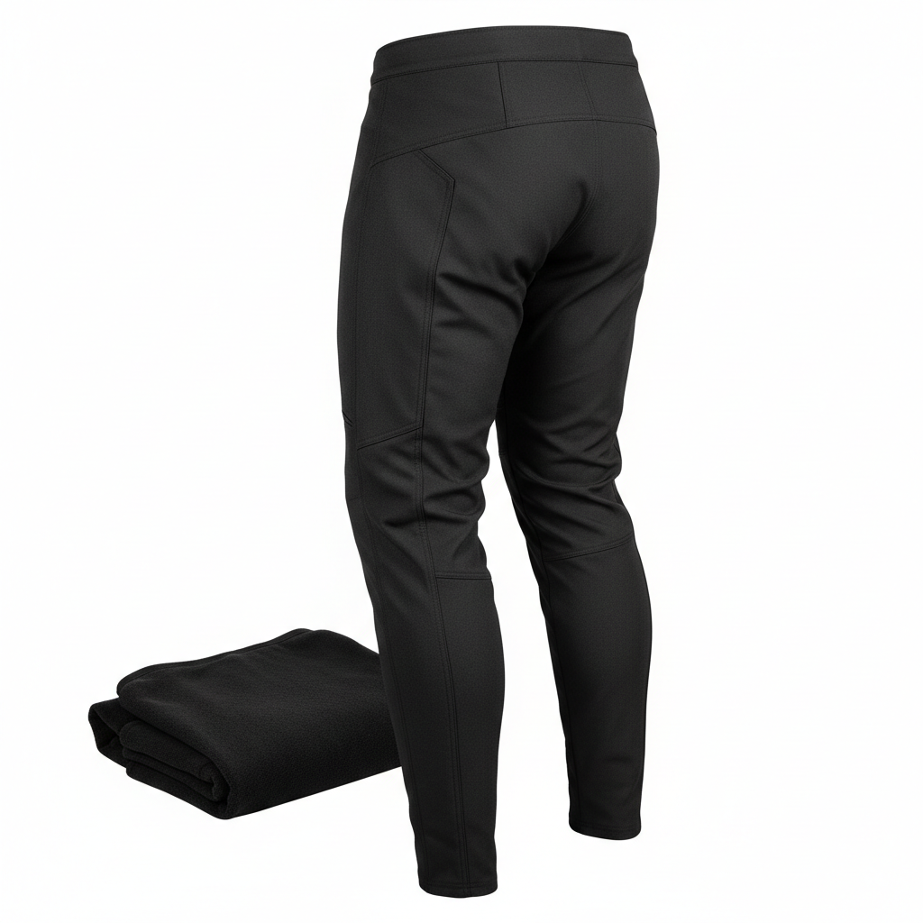 Plain black heated motorcycle riding pants and liner, three-quarter rear view on white background