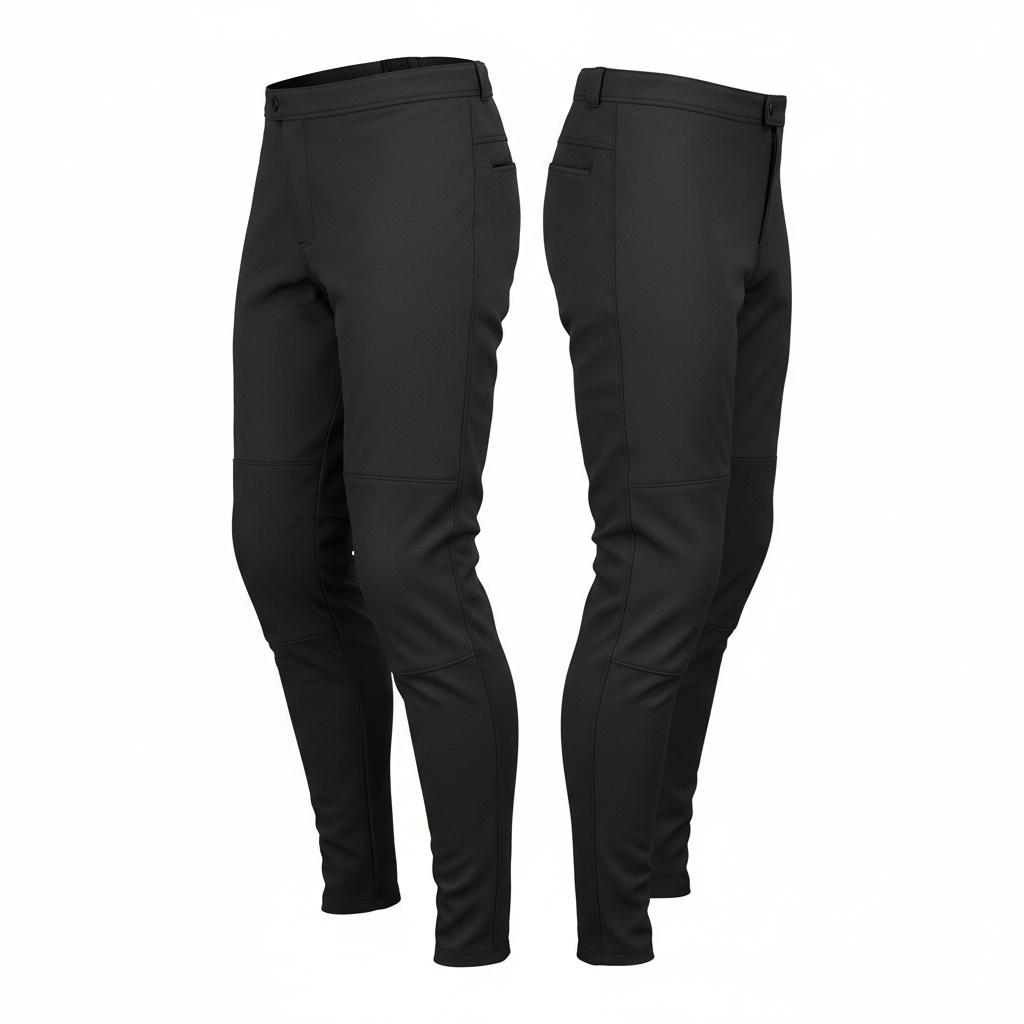 Plain black heated motorcycle riding pants and liner, side view on white background