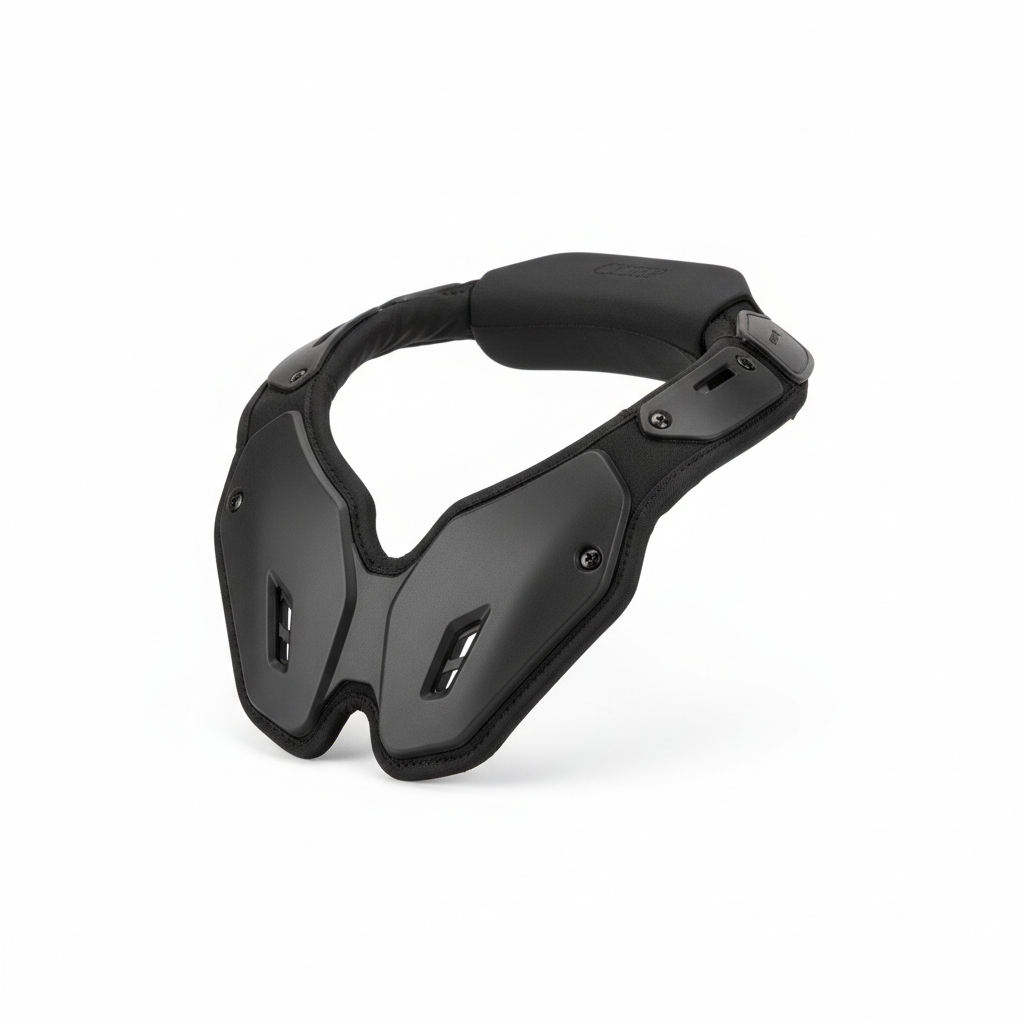Plain black motorcycle neck brace and collar protector, three-quarter front view on white background