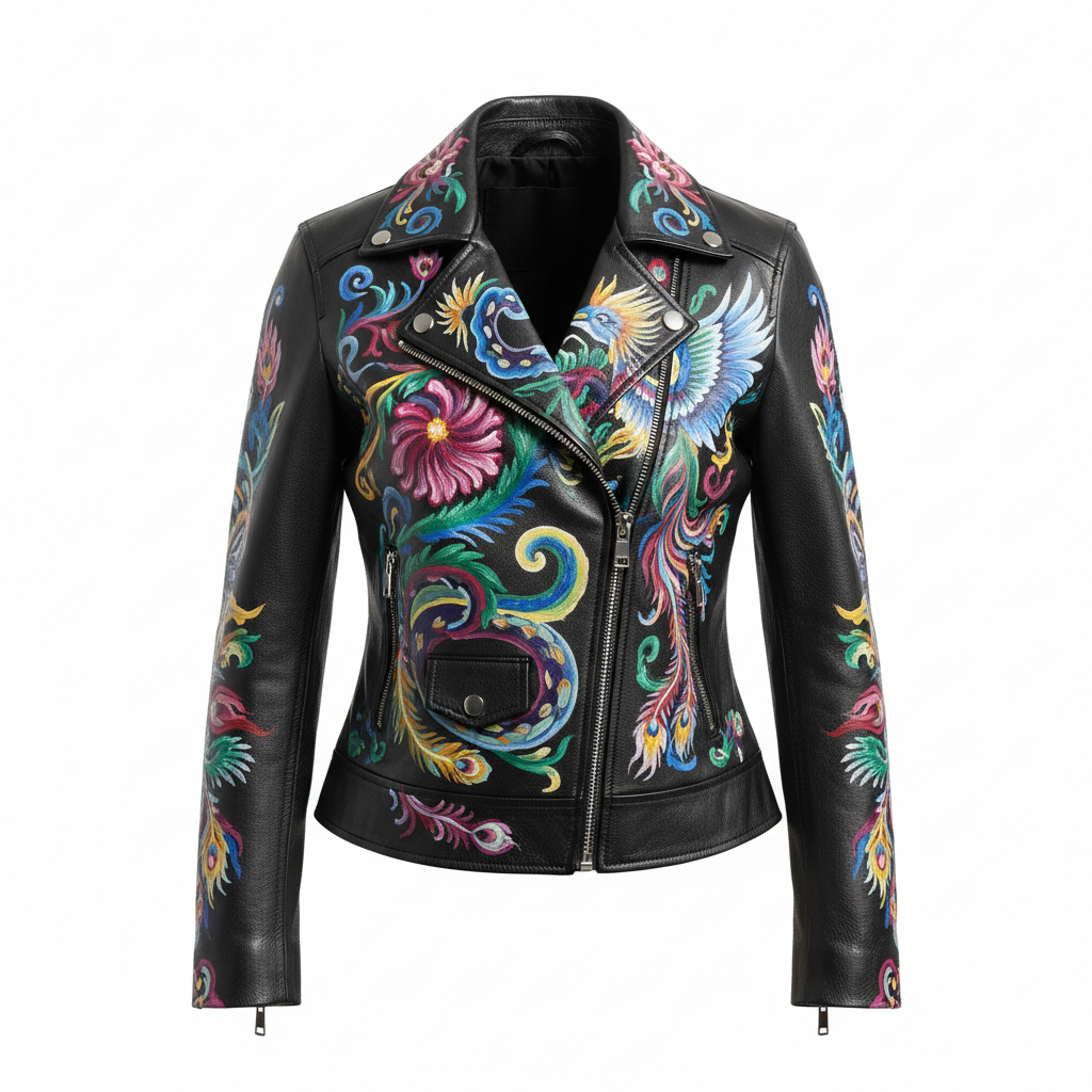 Hand-painted women's black leather motorcycle jacket, front view on invisible mannequin, vibrant artwork on chest and shoulders