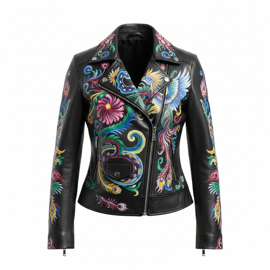 Hand-painted women's black leather motorcycle jacket, front view on invisible mannequin, vibrant artwork on chest and shoulders