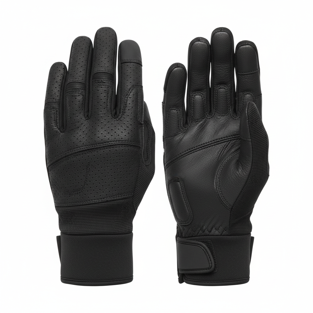 Plain unbranded black perforated short-cuff motorcycle street riding gloves, side view on white background