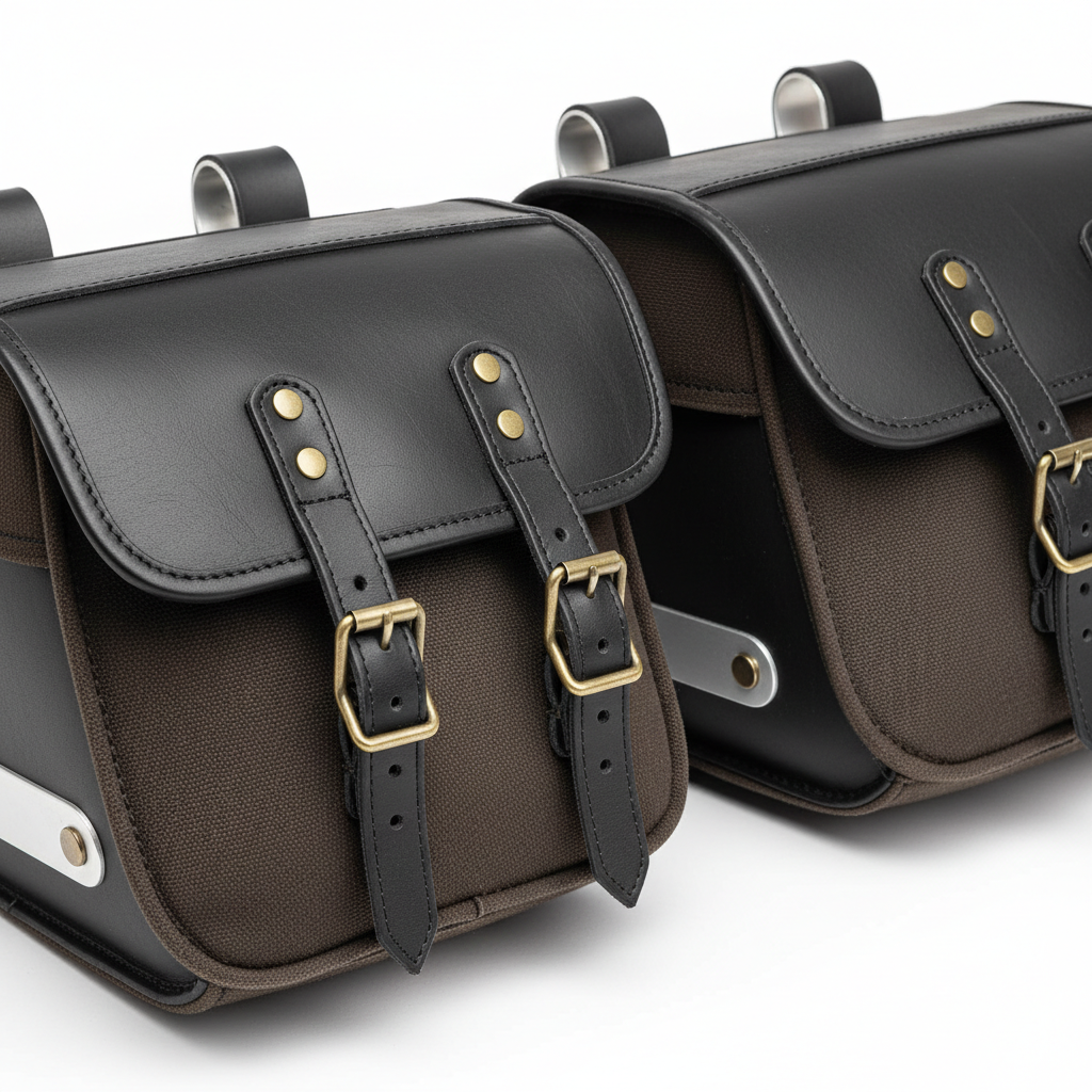 Close-up of plain buckles, straps, and mounting hardware on motorcycle panniers