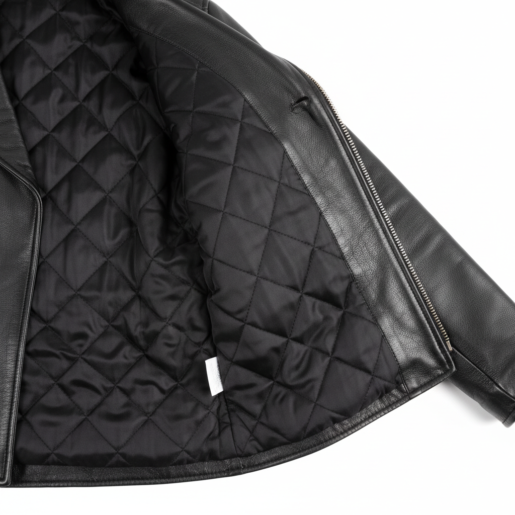 Hand-painted black leather motorcycle jacket, interior detail shot showing quilted lining, stitching quality, and construction details