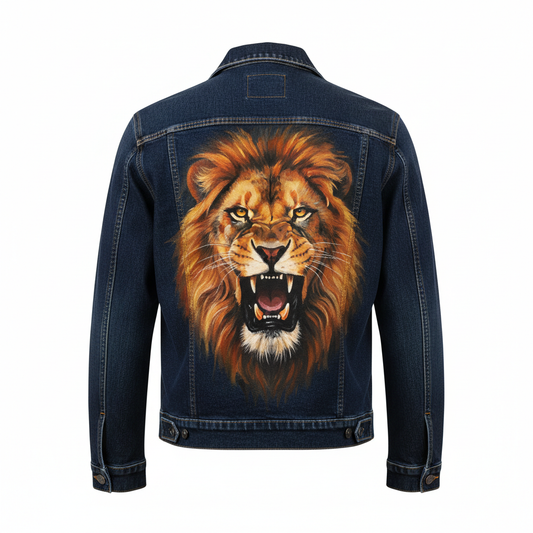 Hand-Painted Casual Denim Jacket Signature Design - Roaring Lion Back View