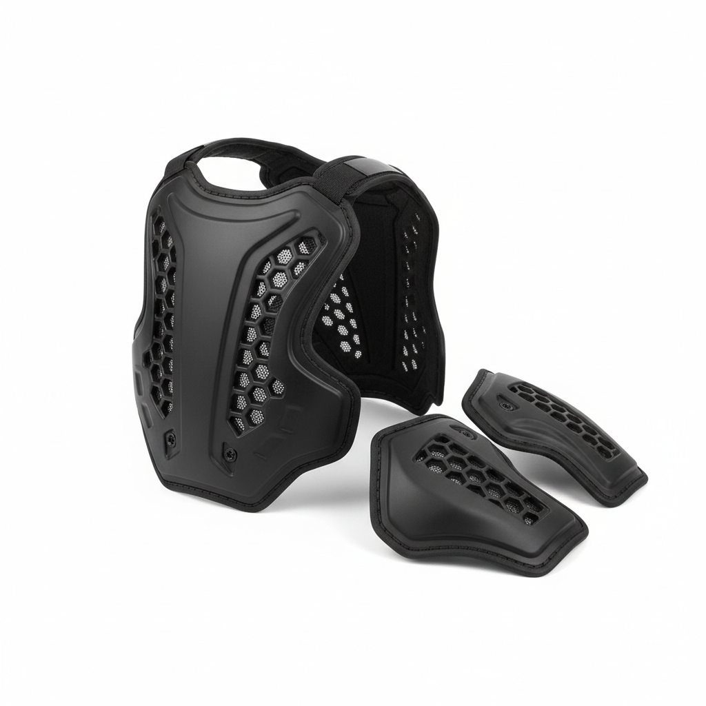 Plain unbranded matte black CE Level 2 motorcycle back and chest armor insert set, three-quarter rear view on white background