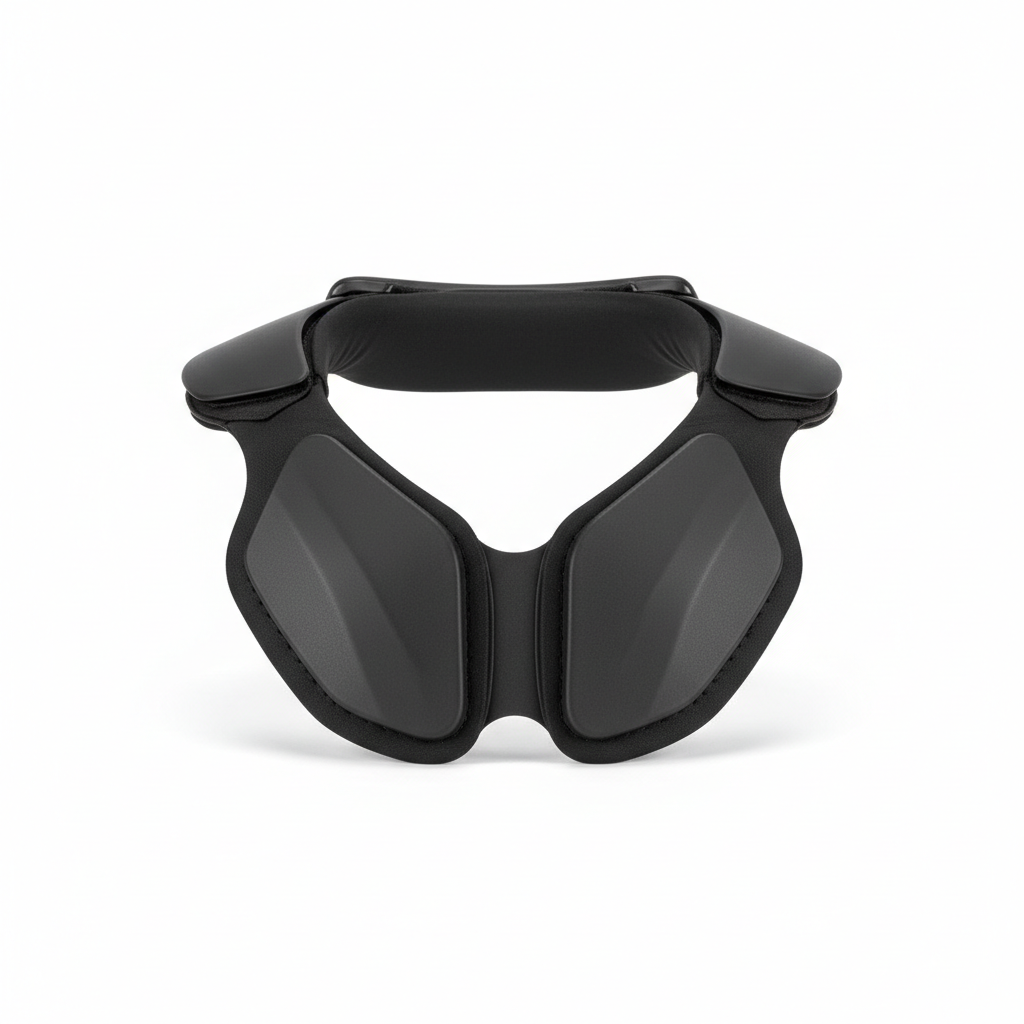 Plain black motorcycle neck brace and collar protector, front view on white background