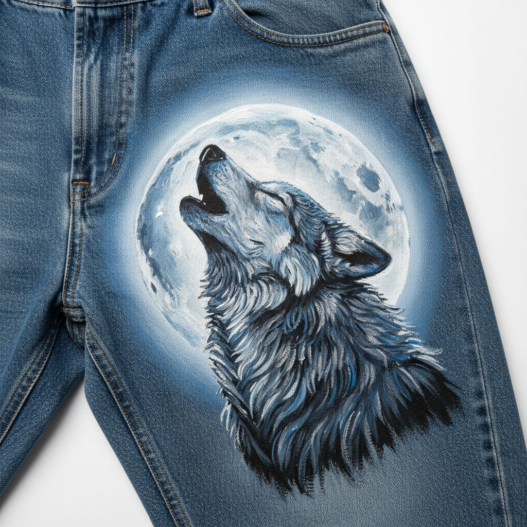 Hand-Painted Baggy Jeans Detailed Artwork - Wolf Detail Close-Up