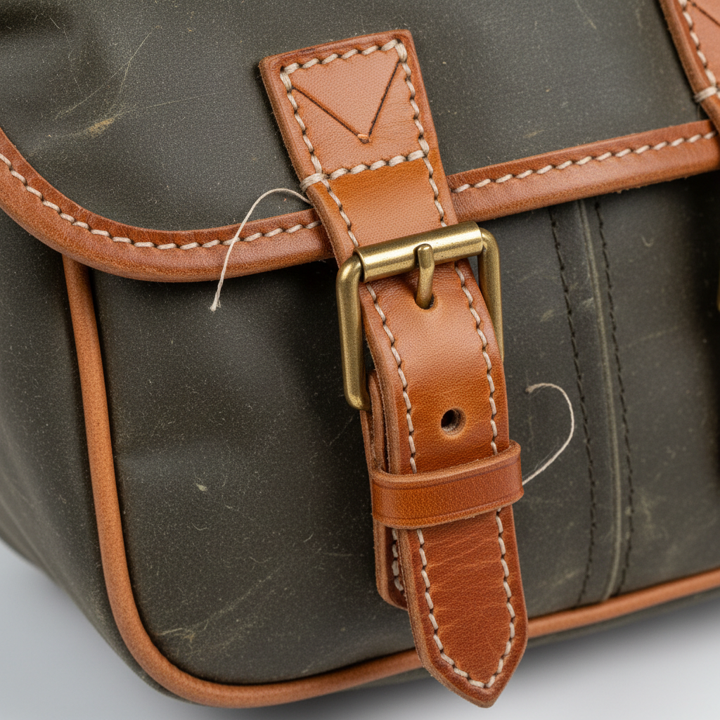 Custom Retro Mini Motorcycle Saddlebag - Hardware & Leather Trim Detail