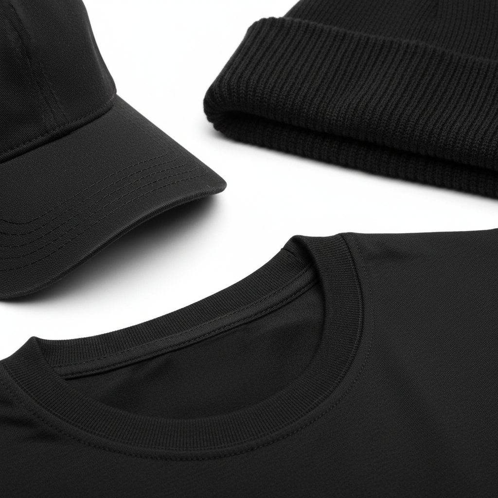 Close-up of plain unbranded black cap brim stitching, beanie cuff, and t-shirt collar seam
