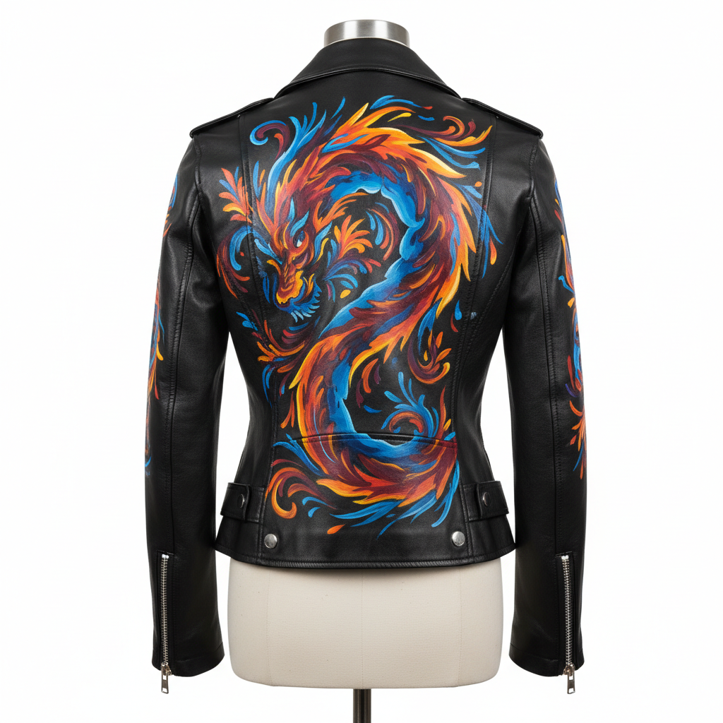Hand-painted women's black leather motorcycle jacket with signature design, back view on invisible mannequin, bold artwork across back panel