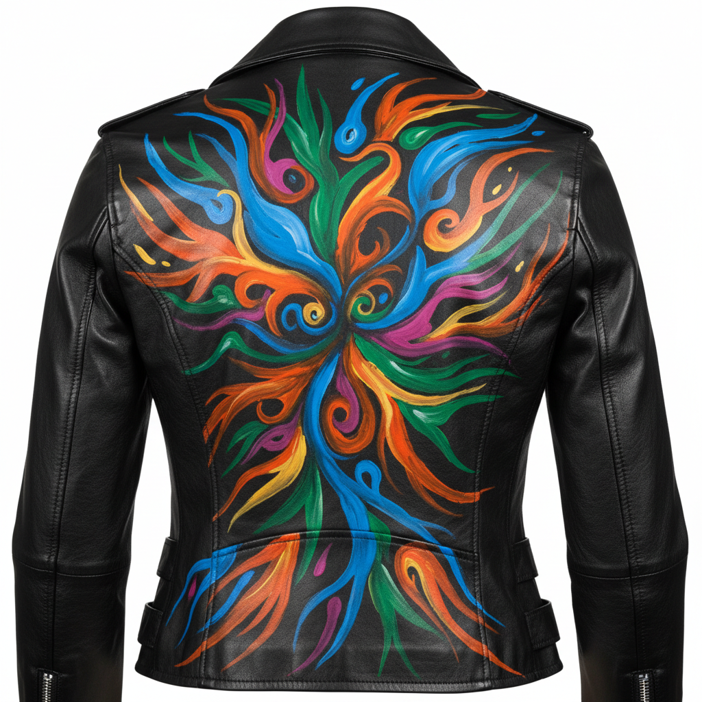 Hand-painted women's black leather motorcycle jacket with bold signature design artwork, back view on invisible mannequin, striking large-scale artwork across back panel