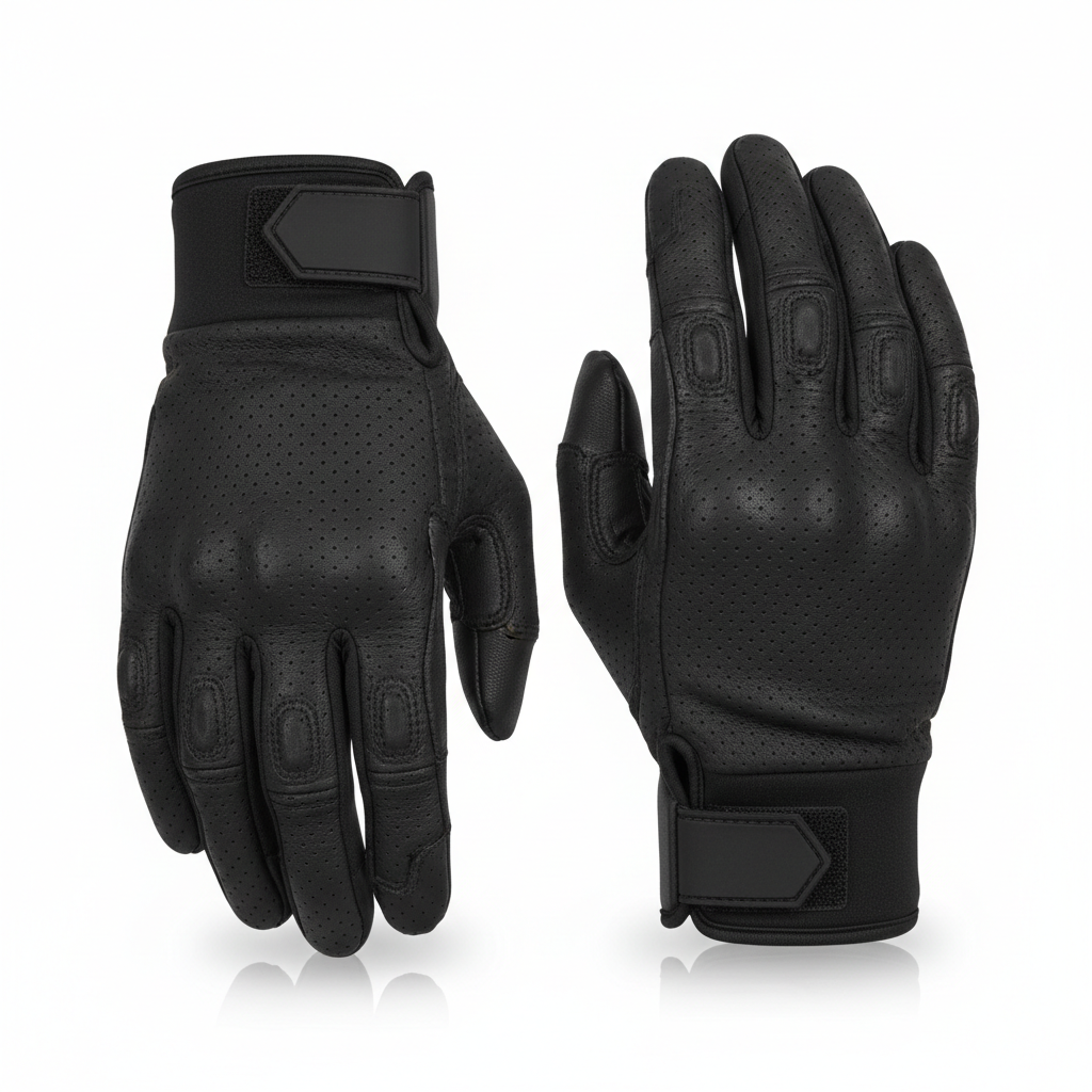 Plain unbranded black perforated short-cuff motorcycle street riding gloves, front view on white background