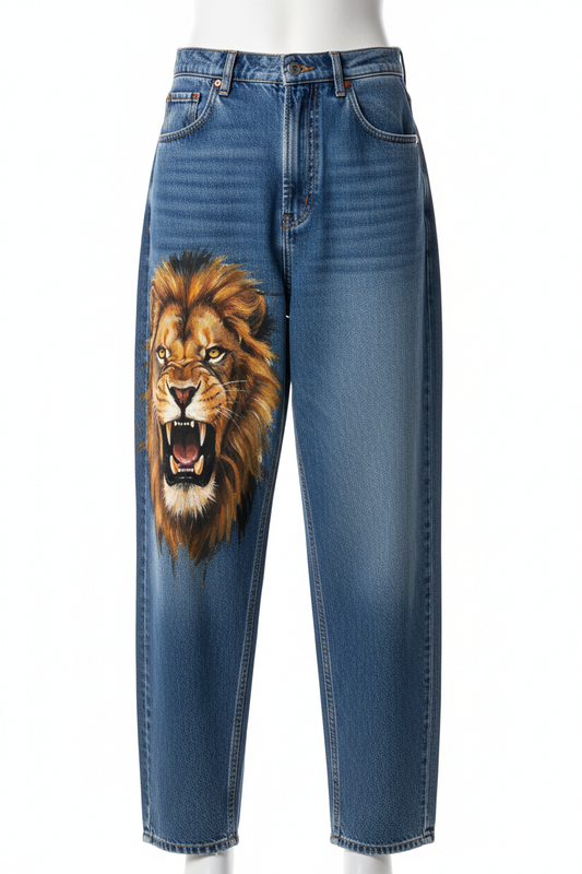 Hand-Painted Baggy Jeans Signature Design - Lion Front View