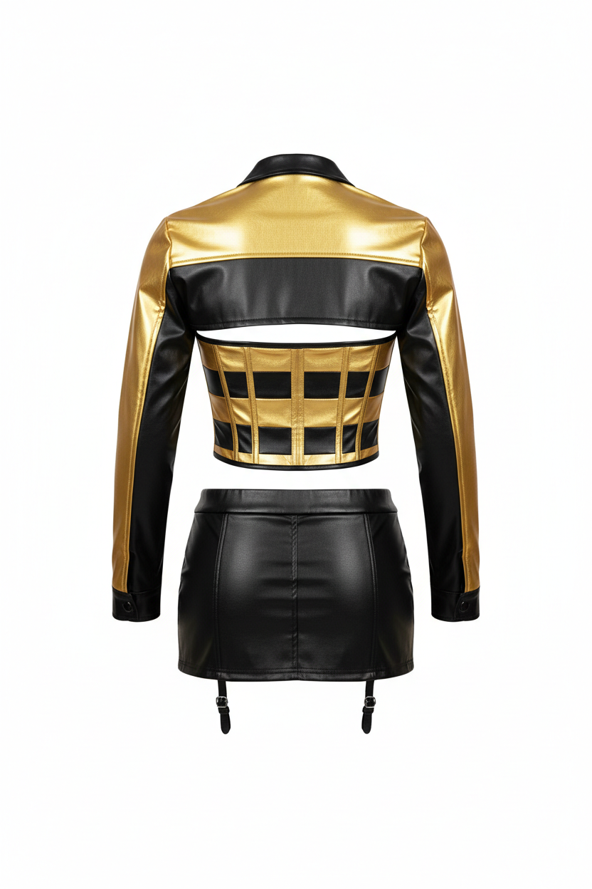 Racing Corset Set Gold Black — Back view full 3-piece set