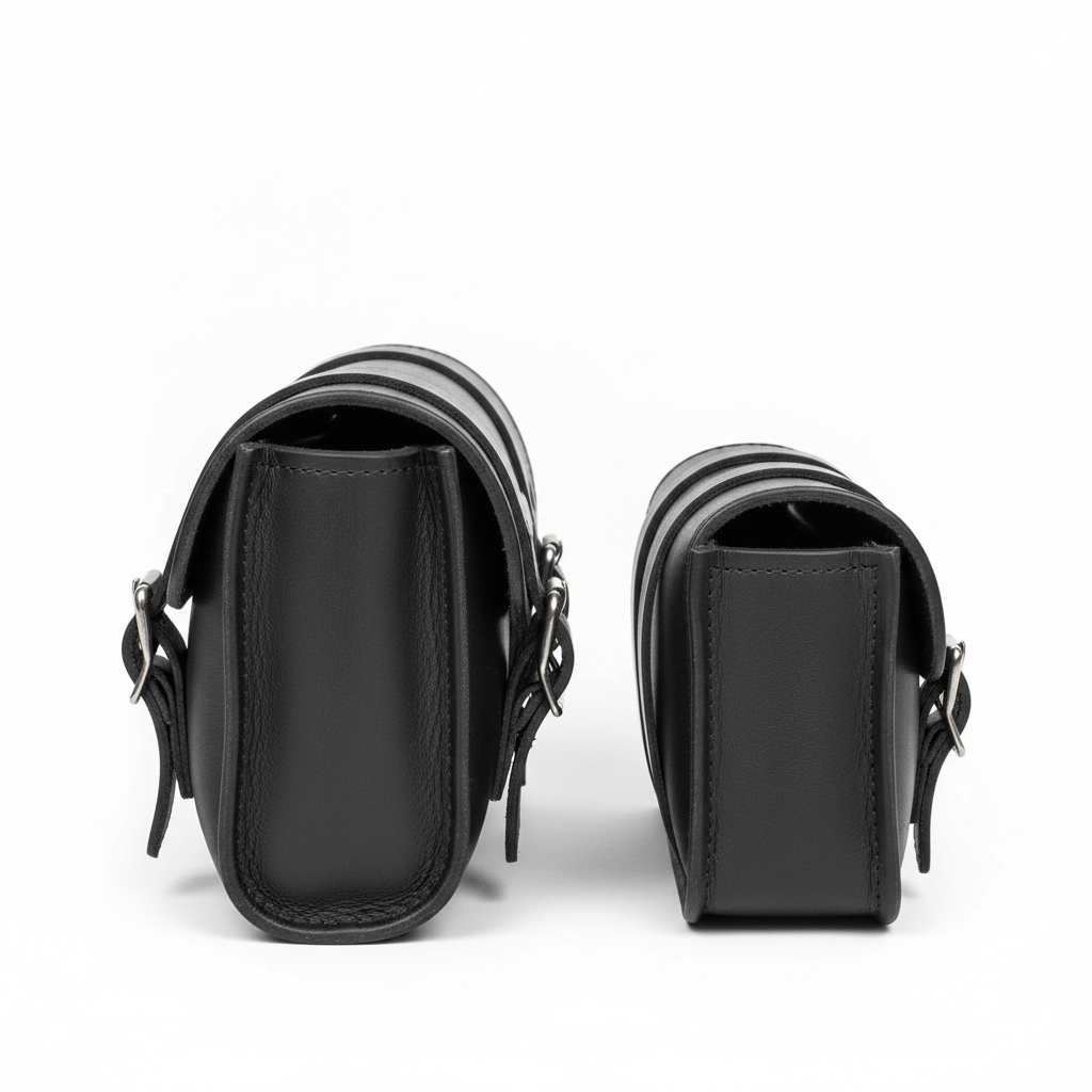 Plain unbranded black leather motorcycle tool rolls and fork bags, side view on white background