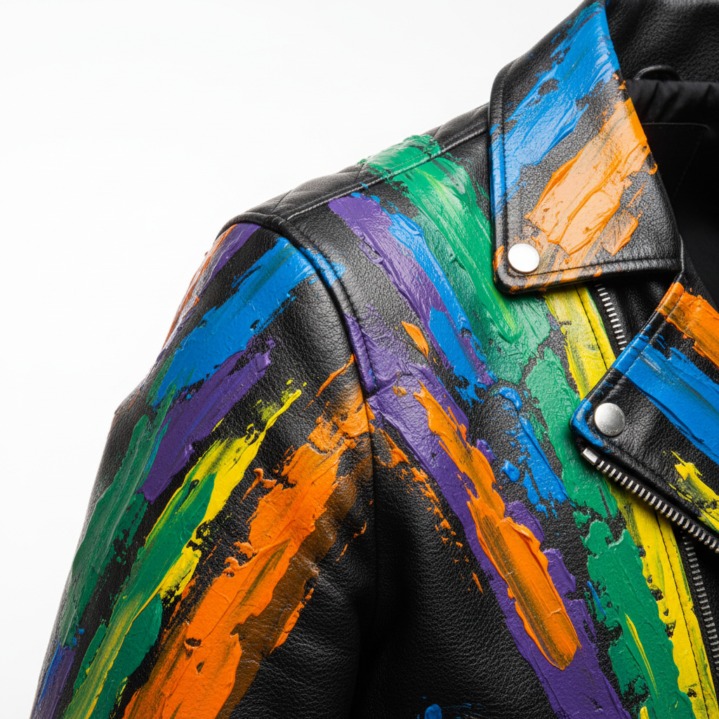 Hand-painted black leather motorcycle jacket with bold signature design artwork, extreme detail close-up showing bold brush strokes, thick paint layers, and leather grain texture