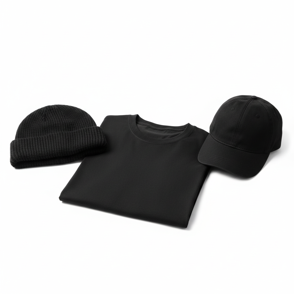 Plain unbranded black motorcycle lifestyle apparel set with tee, beanie, and cap, front view on white background