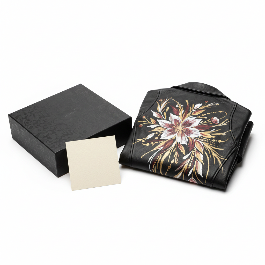 Hand-painted women's black leather motorcycle jacket with detailed artwork, packaging and group shot with premium gift box and care card