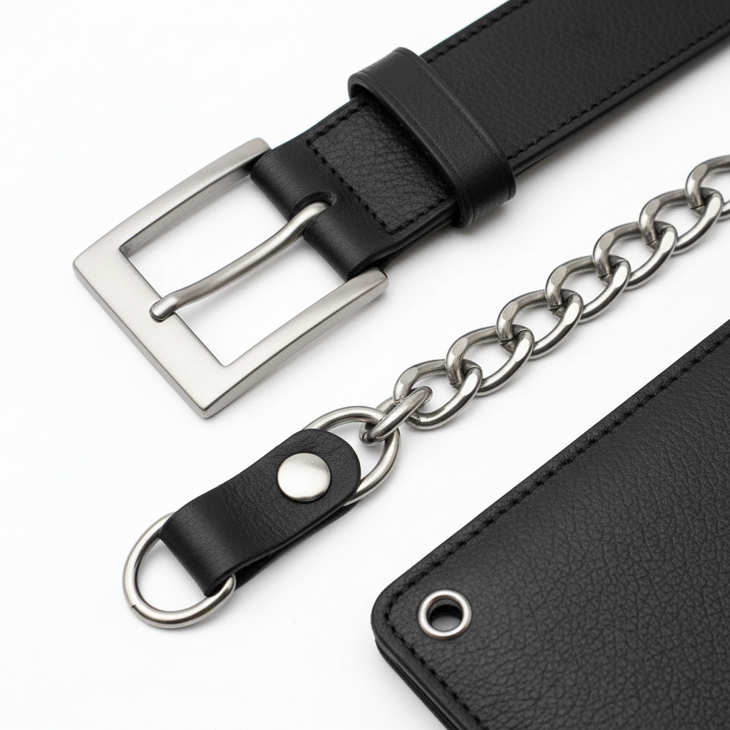 Close-up of plain unbranded black leather belt buckle, chain links, snap attachment, and wallet hardware