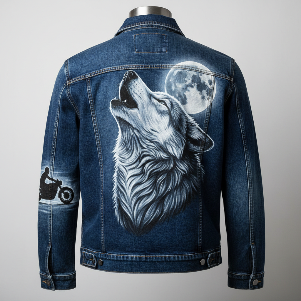 Hand-Painted Casual Denim Jacket Detailed Artwork - Wolf & Moon Back View