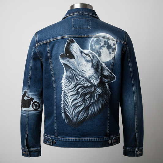 Hand-Painted Casual Denim Jacket Detailed Artwork - Wolf & Moon Back View