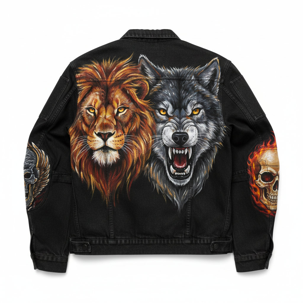 Hand-Painted Protective Denim Motorcycle Jacket - Flat Lay