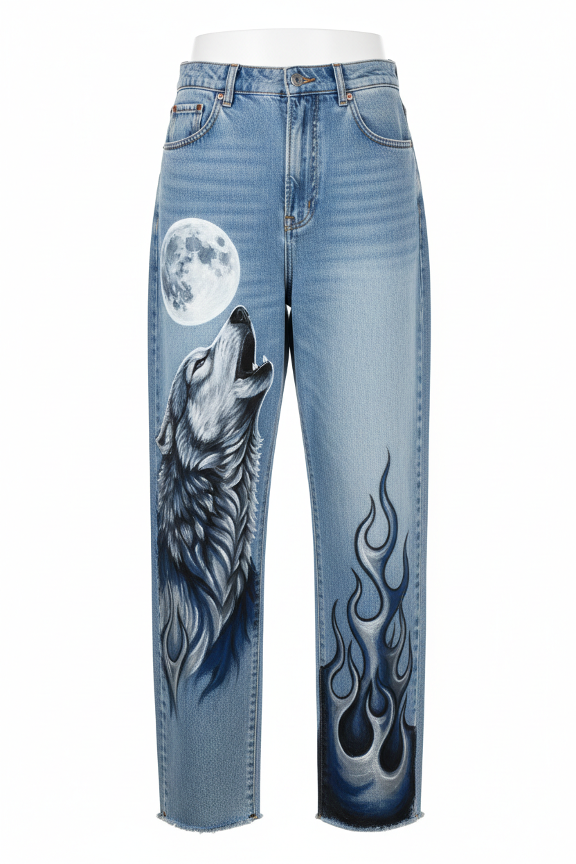 Hand-Painted Baggy Jeans Detailed Artwork - Wolf & Moon Front View