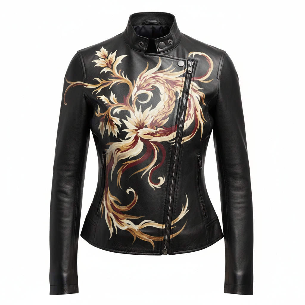 Hand-painted women's black leather motorcycle jacket, front view on invisible mannequin, elegant artwork on chest and shoulders