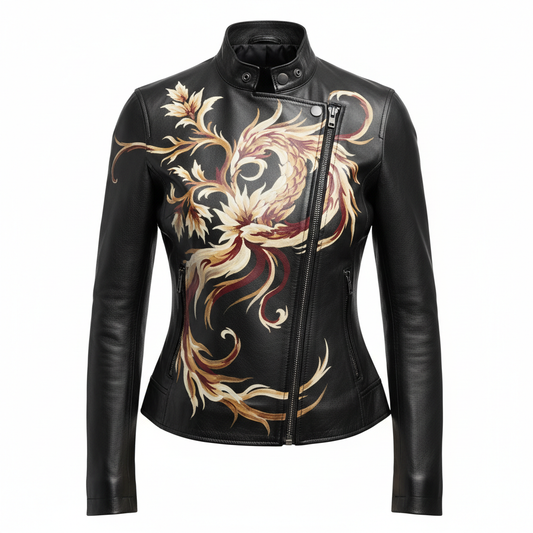 Hand-painted women's black leather motorcycle jacket, front view on invisible mannequin, elegant artwork on chest and shoulders