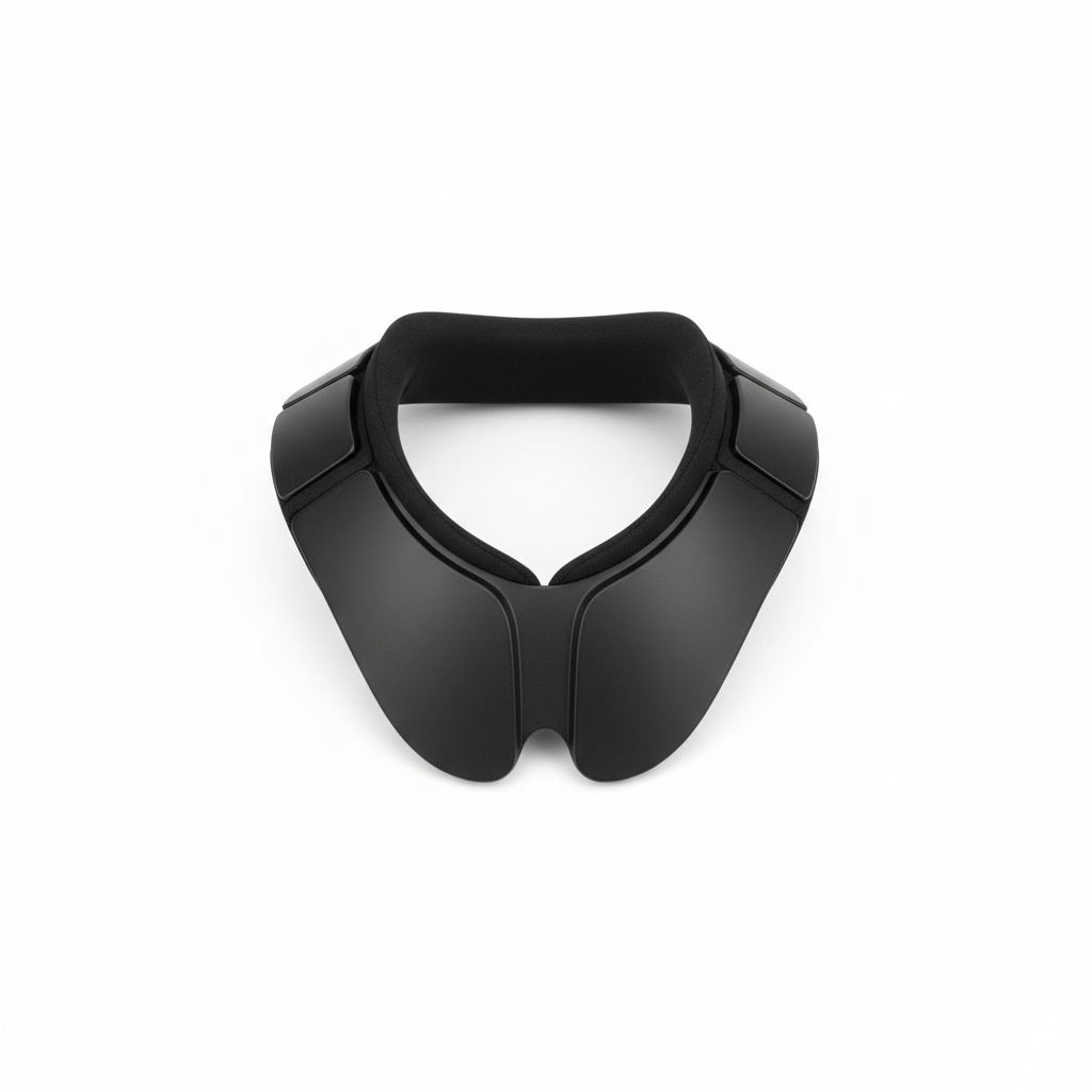 Plain black motorcycle neck brace and collar protector, overhead flat lay on white background