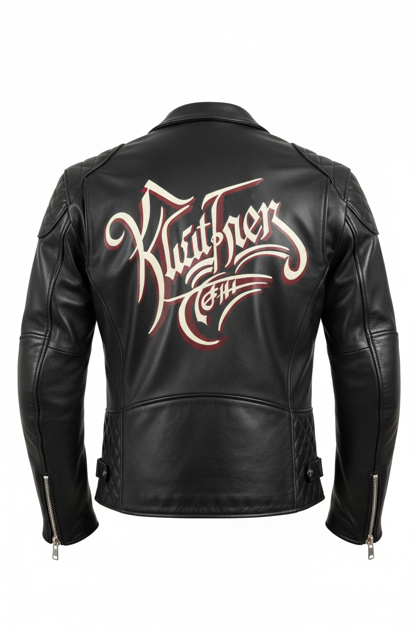 Custom leather motorcycle jacket back view showing bold iconic signature motif