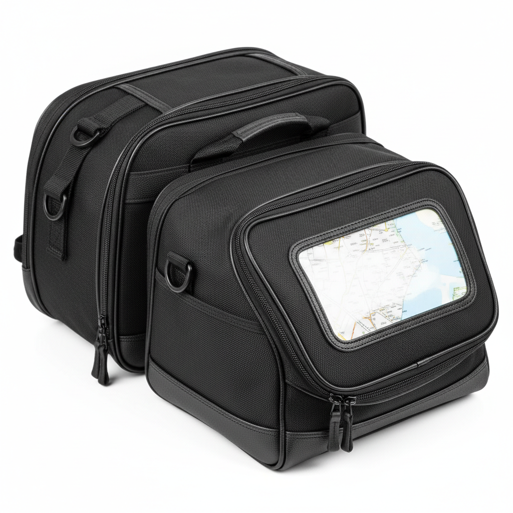 Close-up of plain unbranded black leather, textile, and clear map-window detail on motorcycle bags