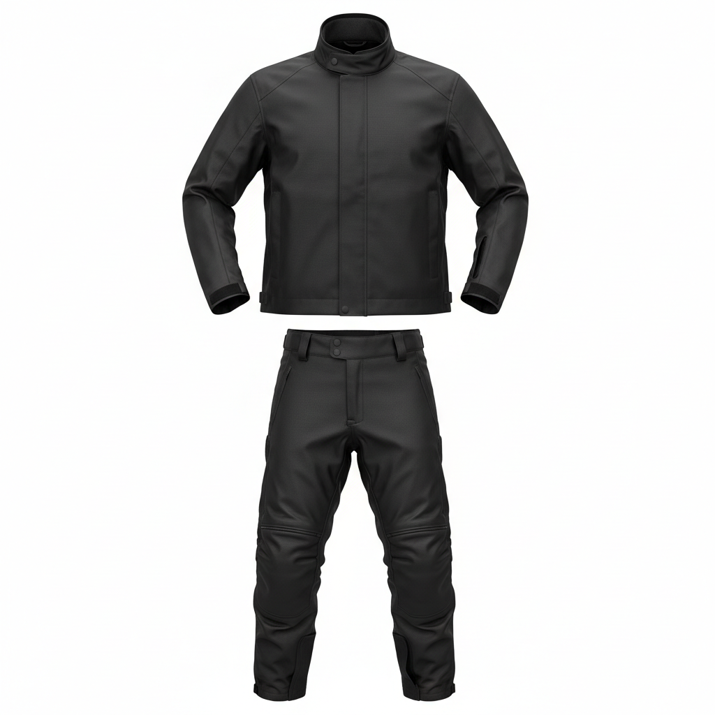 Plain unbranded black waterproof motorcycle over-jacket and trousers set, front view on white background