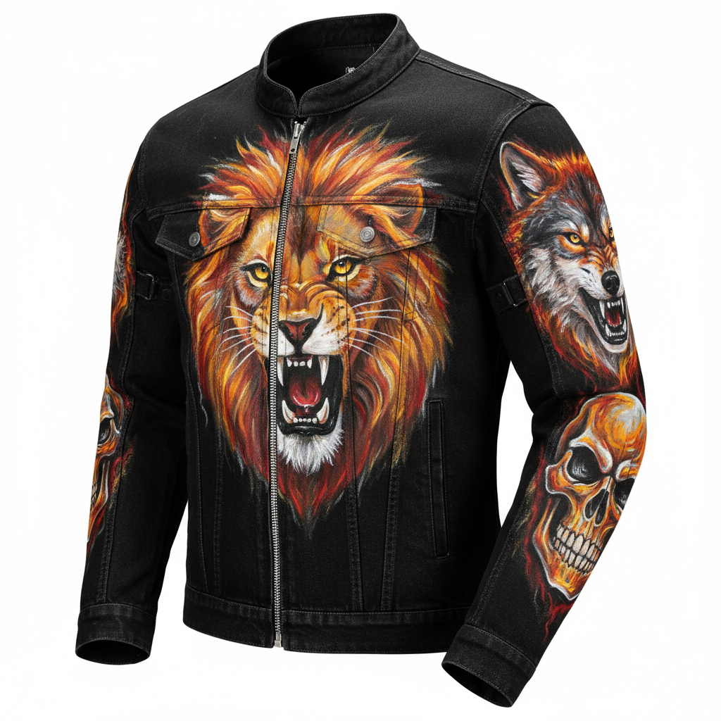 Hand-Painted Protective Denim Motorcycle Jacket - 3/4 Front View