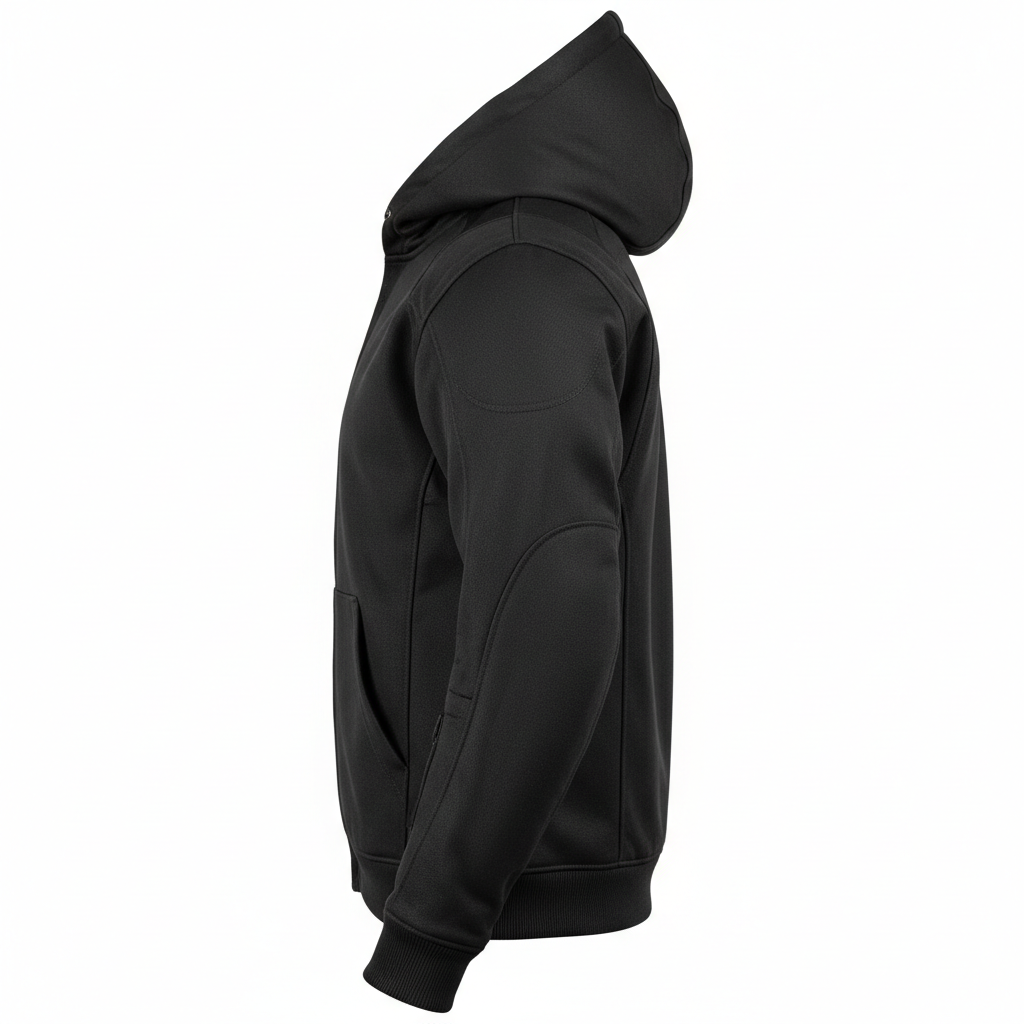Plain unbranded black Kevlar aramid-lined motorcycle hoodie, side view on white background
