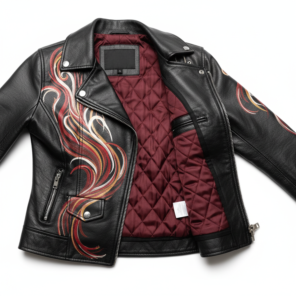 Hand-painted women's black leather motorcycle jacket with signature design, interior detail shot showing quilted lining, stitching quality, and construction details