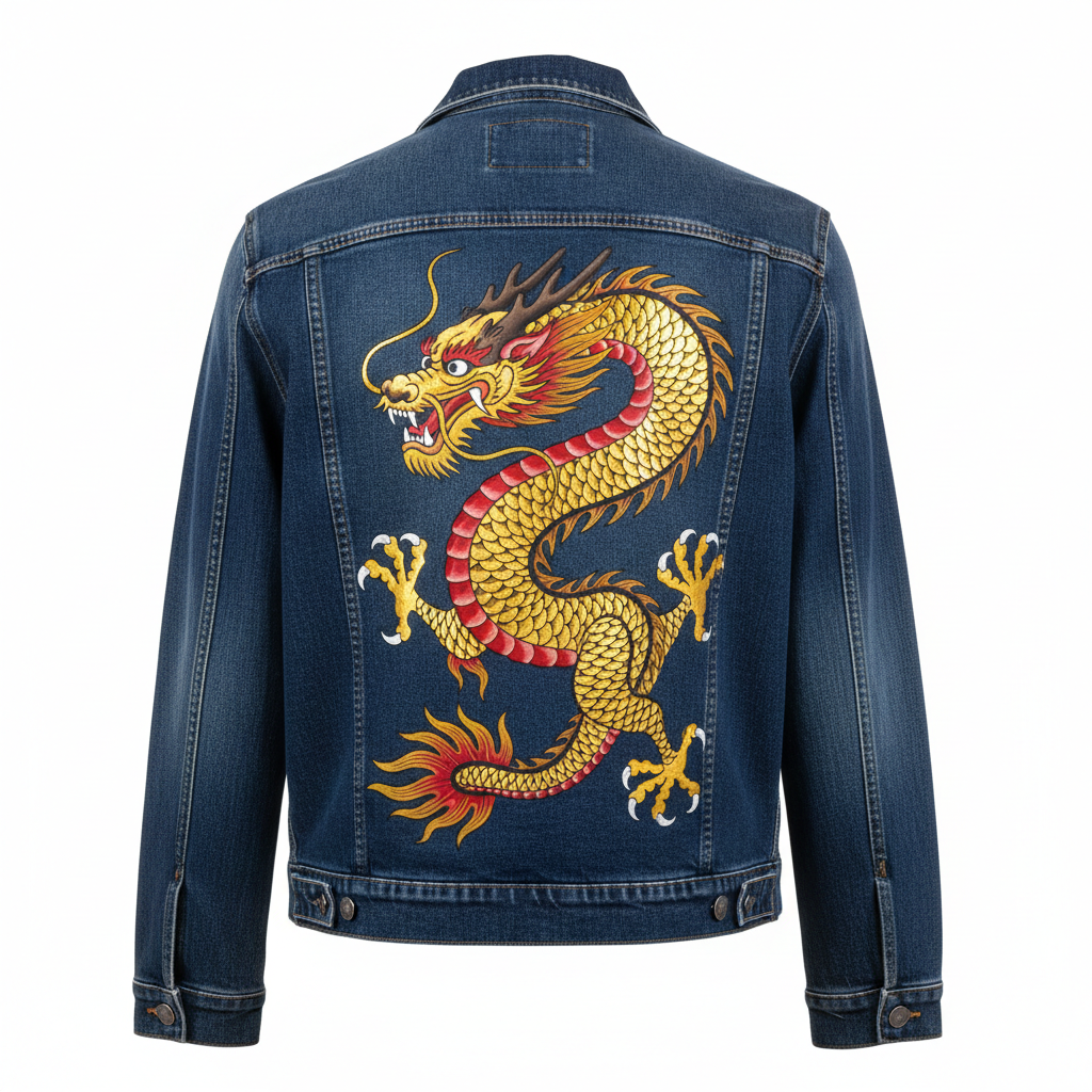 Hand-Painted Casual Denim Jacket Signature Design - Gold Asian Dragon Back View