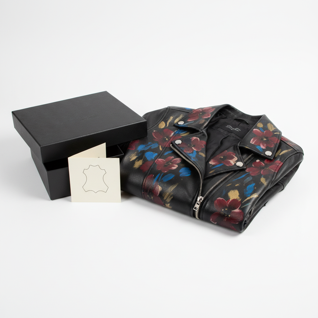 Hand-painted women's black leather motorcycle jacket, packaging and group shot with premium gift box and care card