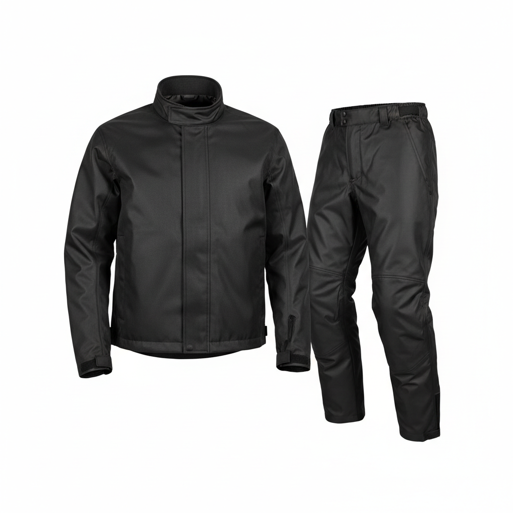 Plain unbranded black waterproof motorcycle over-jacket and trousers set, overhead flat lay on white background