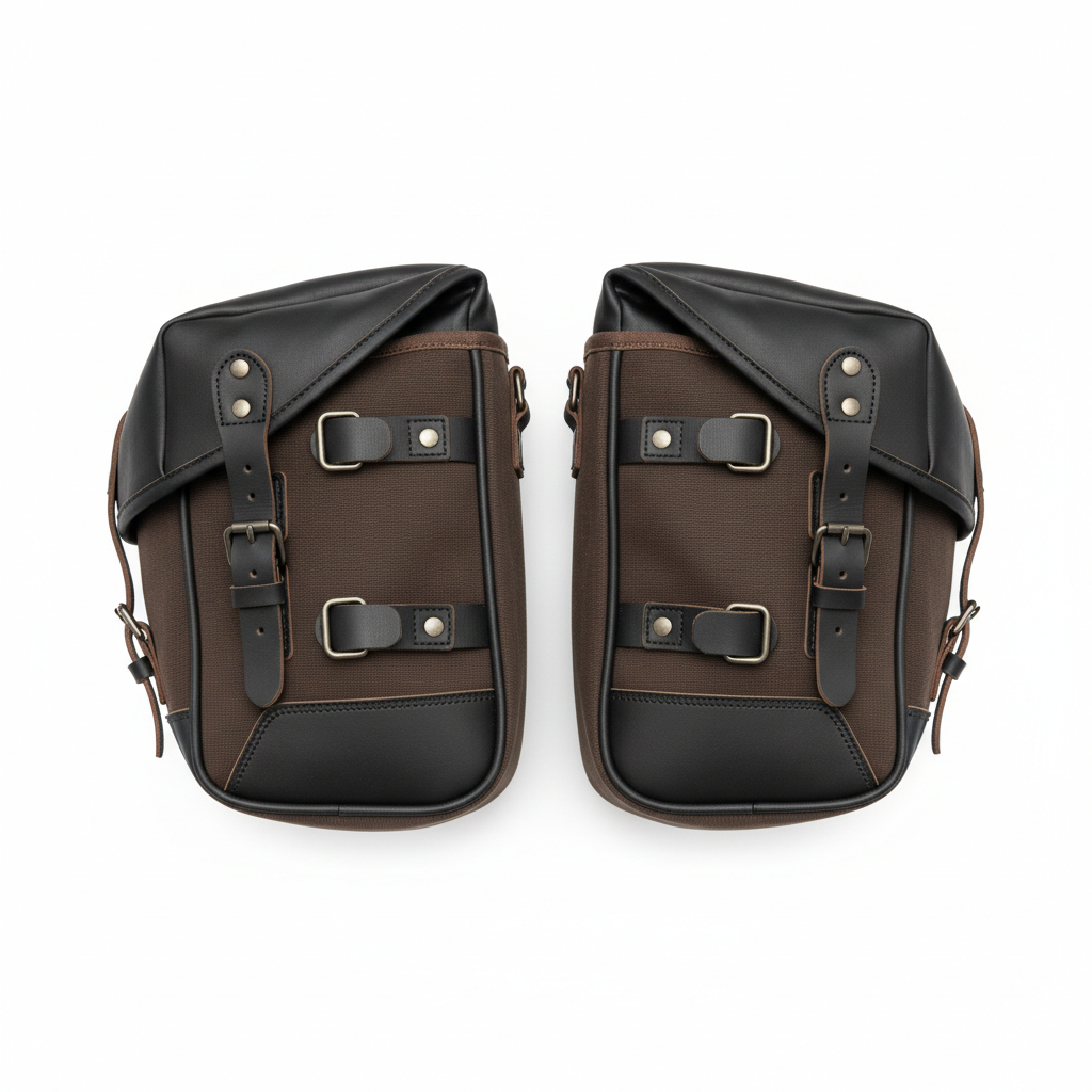 Unbranded leather and canvas motorcycle panniers, overhead flat lay on white background