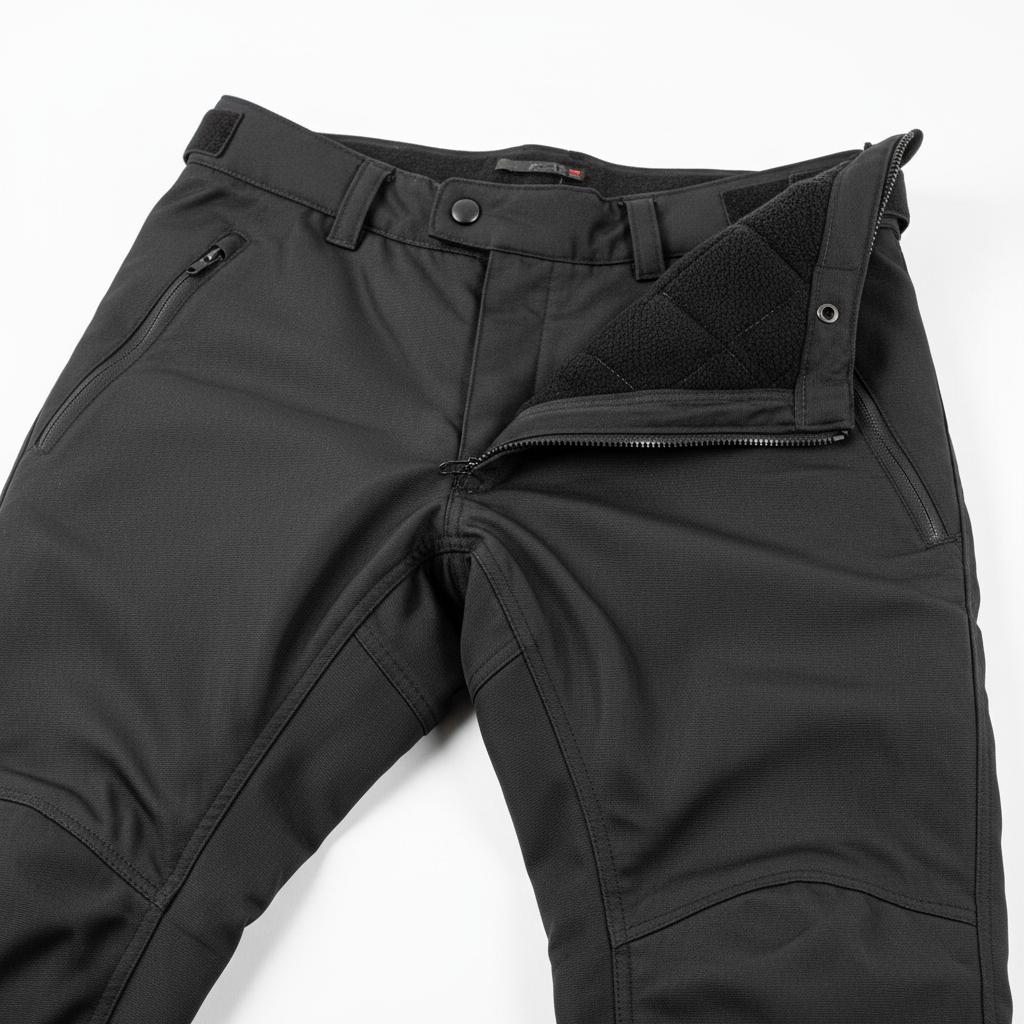 Close-up of plain black technical textile and seam detail on heated motorcycle riding pants