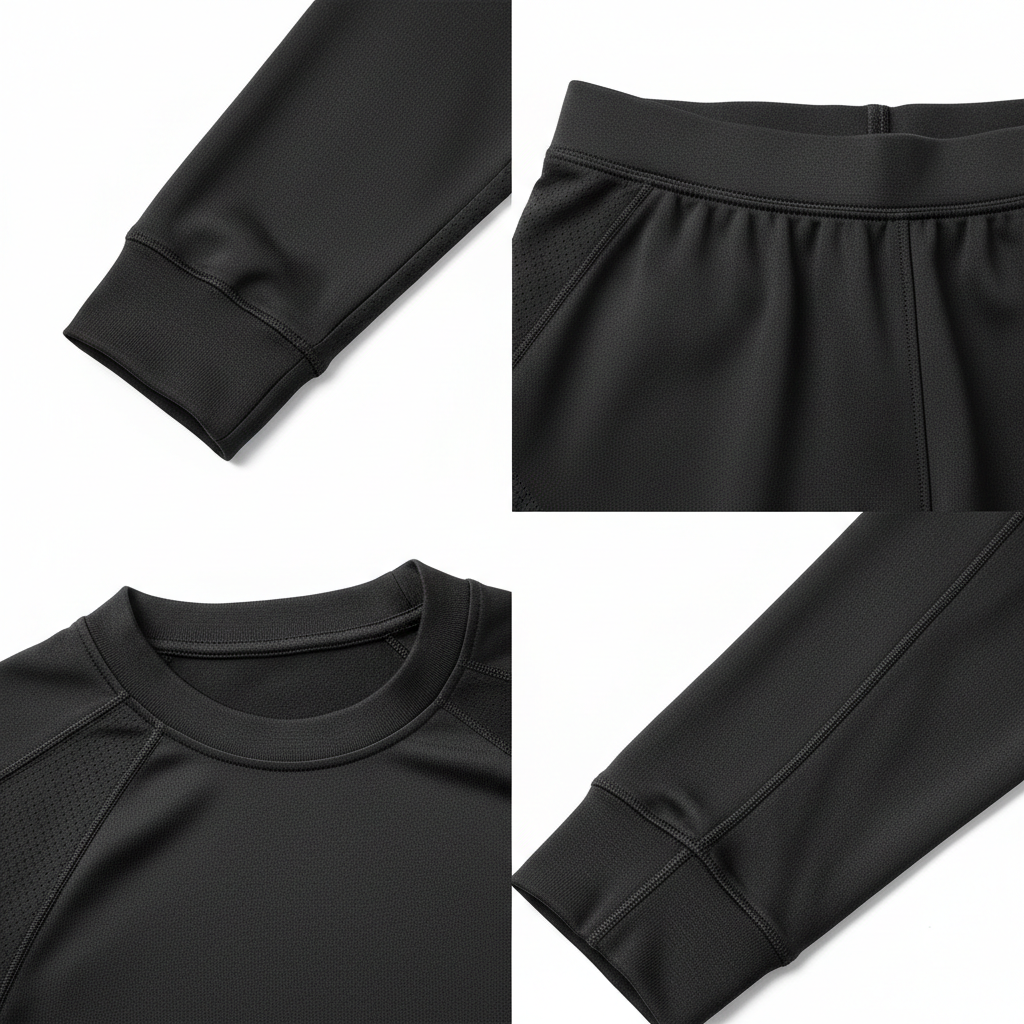 Close-up of plain unbranded black base-layer cuff, waistband, collar, and flatlock seam detail