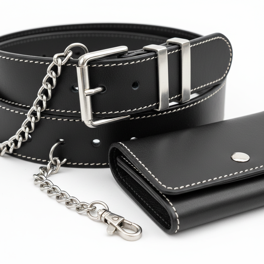 Close-up of plain unbranded black full-grain leather texture, edge finishing, and reinforced stitching