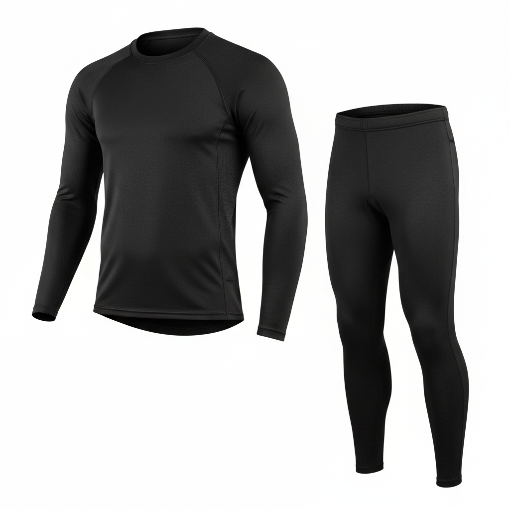 Plain unbranded black thermal cooling motorcycle base-layer set, side view on white background